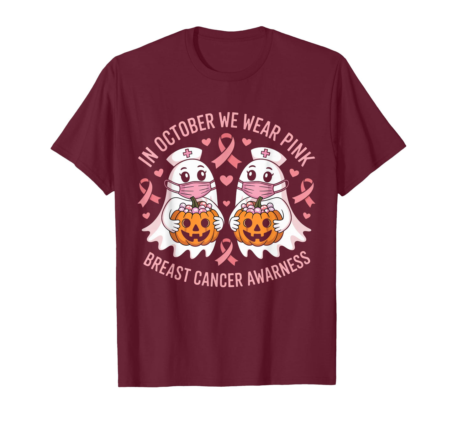 in October We Wear Pink Ghost Witch Breast Cancer Awareness T-Shirt