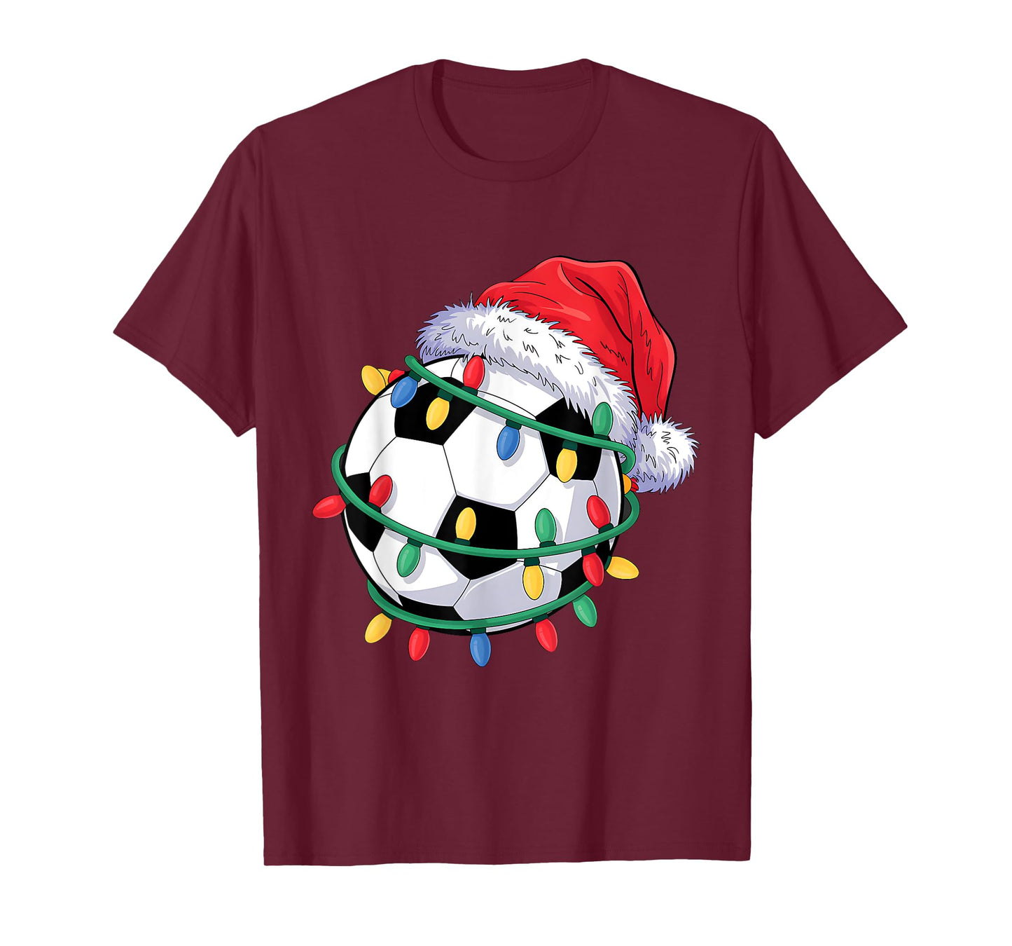 Soccer Ball Santa Hat Men Women Christmas Soccer Xmas Lights T-Shirt