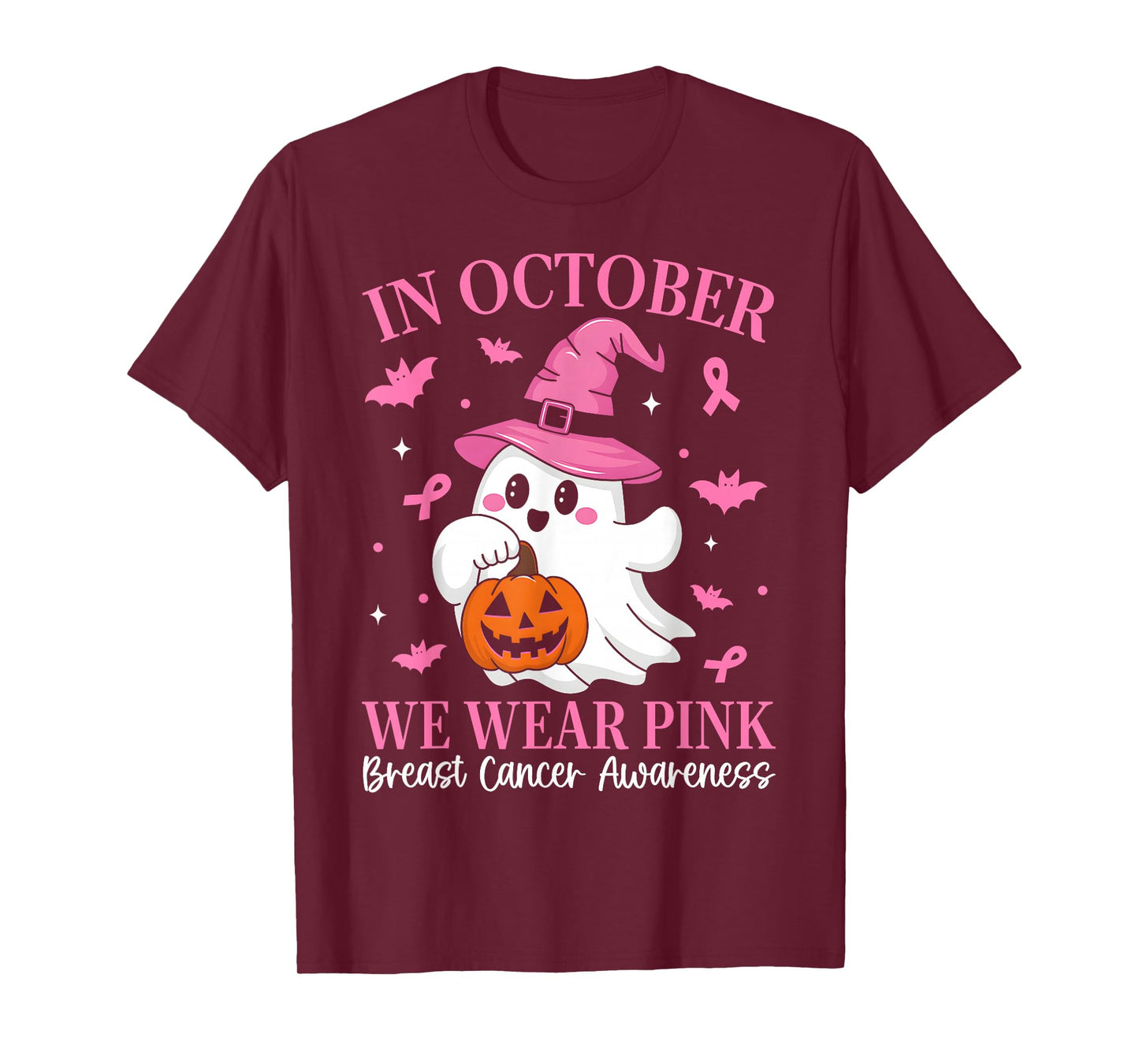 in October We Wear Pink Ghost Witch Breast Cancer Awareness T-Shirt
