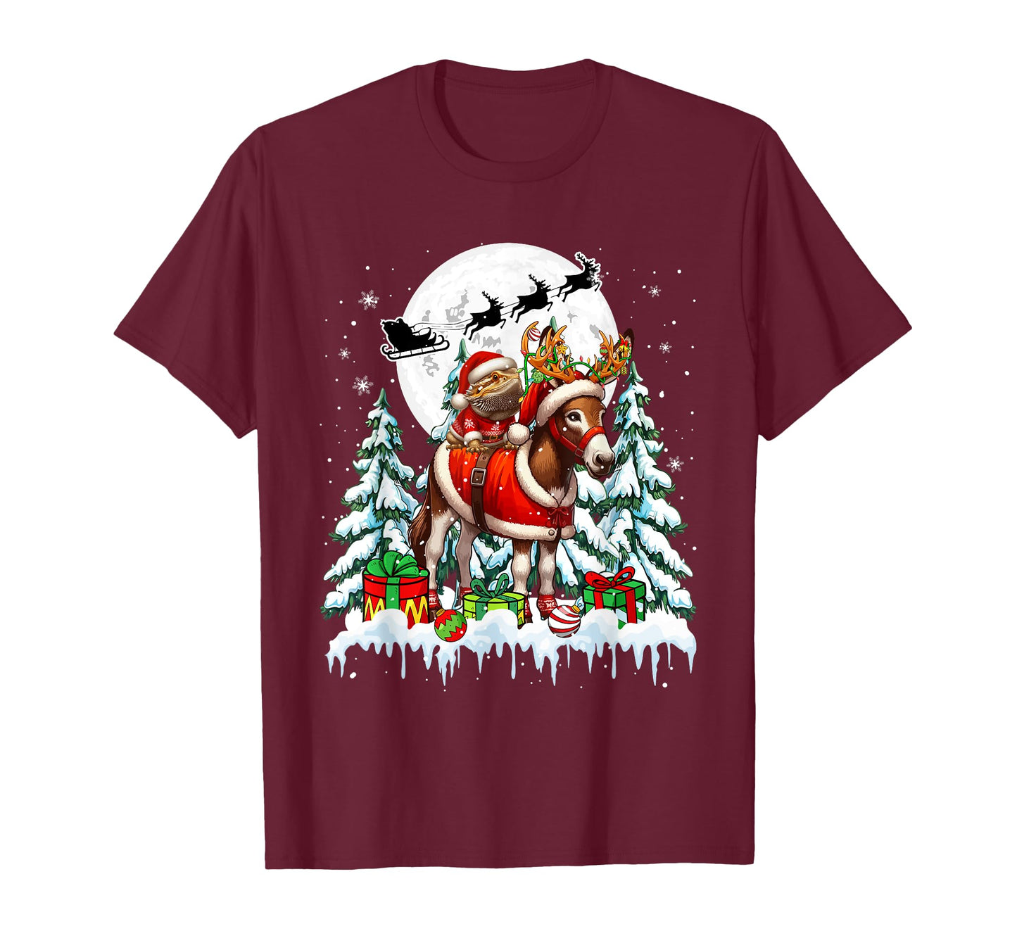 Santa Bearded Dragon Riding Reindeer Donkey Christmas Trees T-Shirt