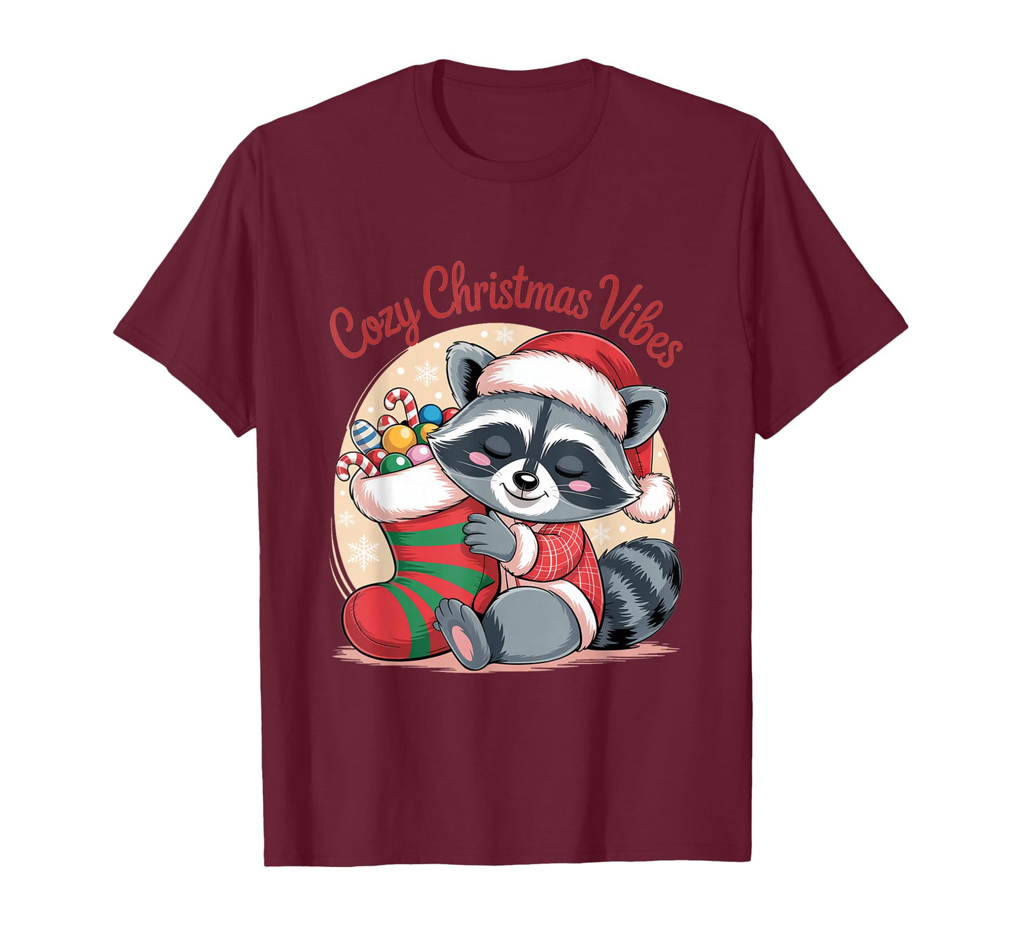 Cozy Christmas Vibes Raccoon with Candy Cane Stocking T-Shirt