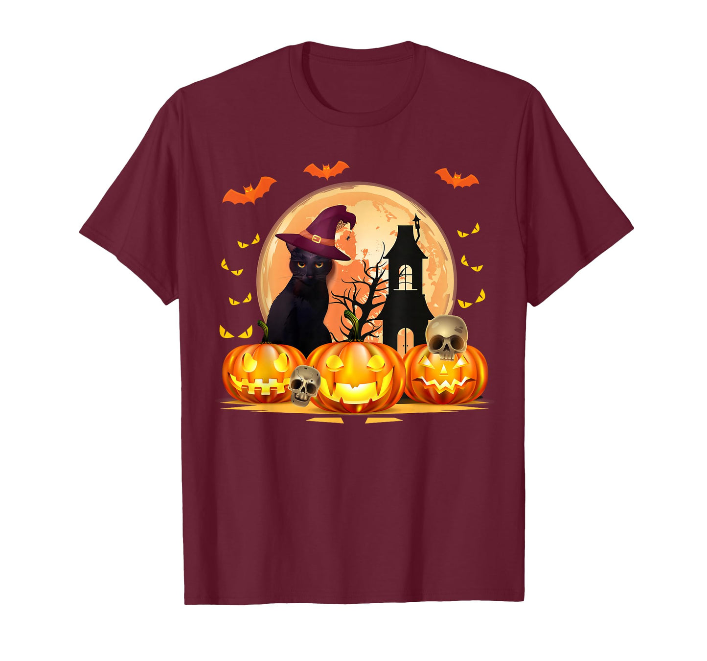 Black Cat with Witch Hat & Pumpkins Halloween Costume Day T-Shirt