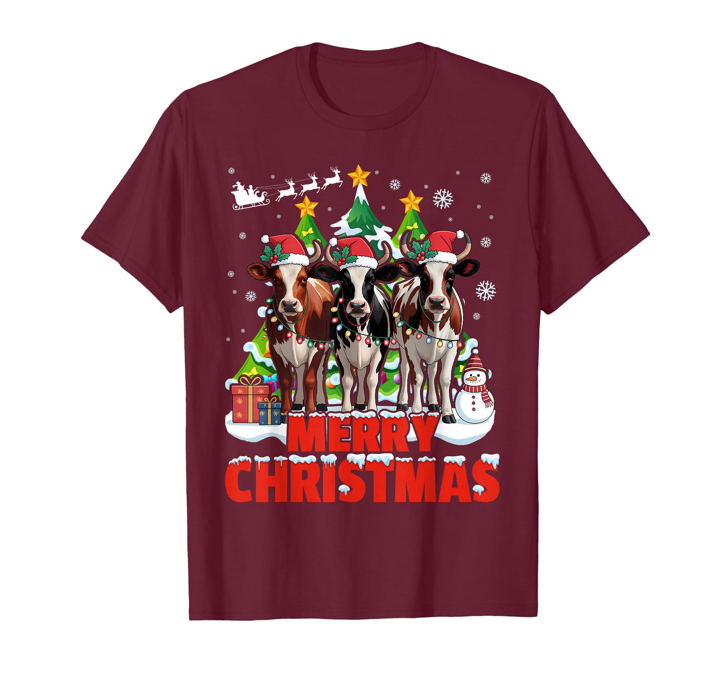 Cow Reindeer Hat Santa Christmas Lights Funny T-Shirt