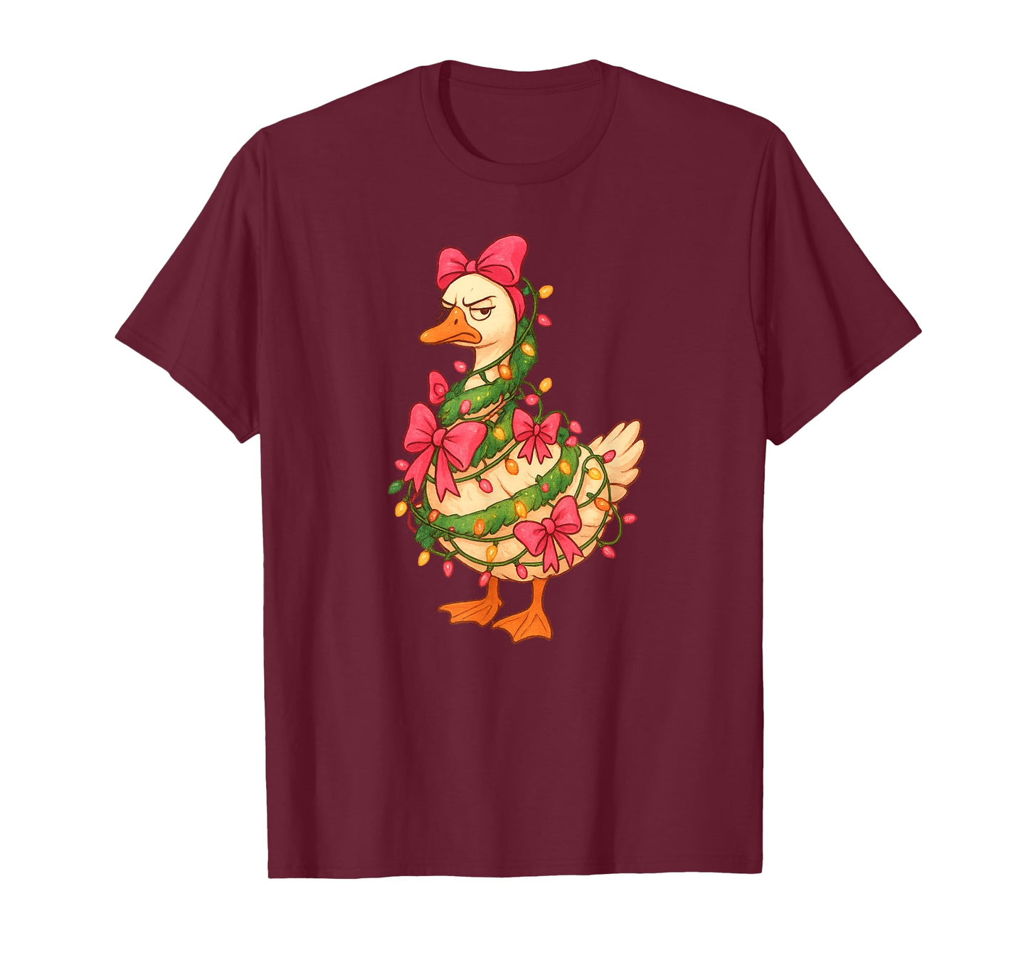 Christmas Porch Goose Xmas Lights Pink Bows Vintage T-Shirt