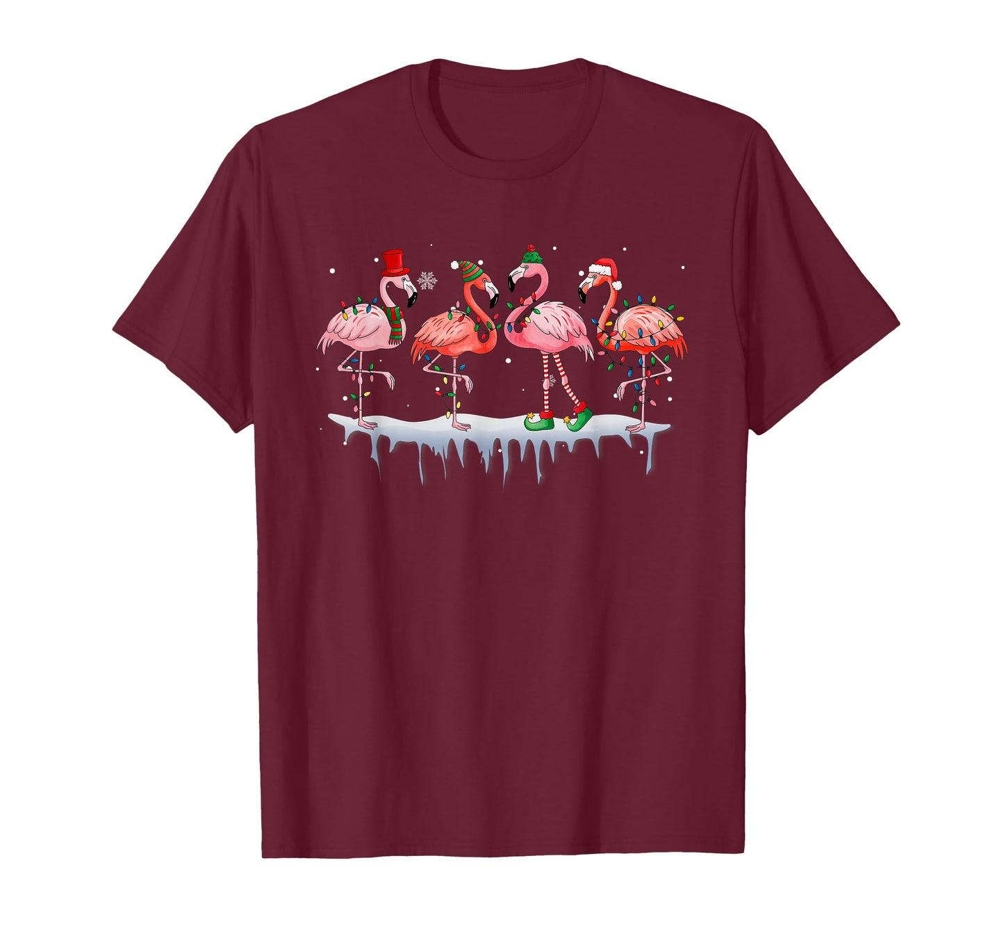 Pink Flamingo Hat Santa Merry Christmas Lights Womens Girls T-Shirt