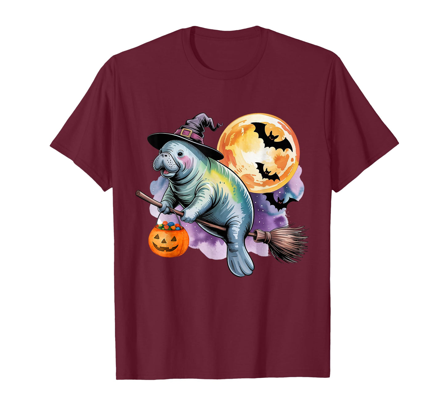 Manatee Witch Hat Pumpkin Moon Halloween Costumes Funny T-Shirt