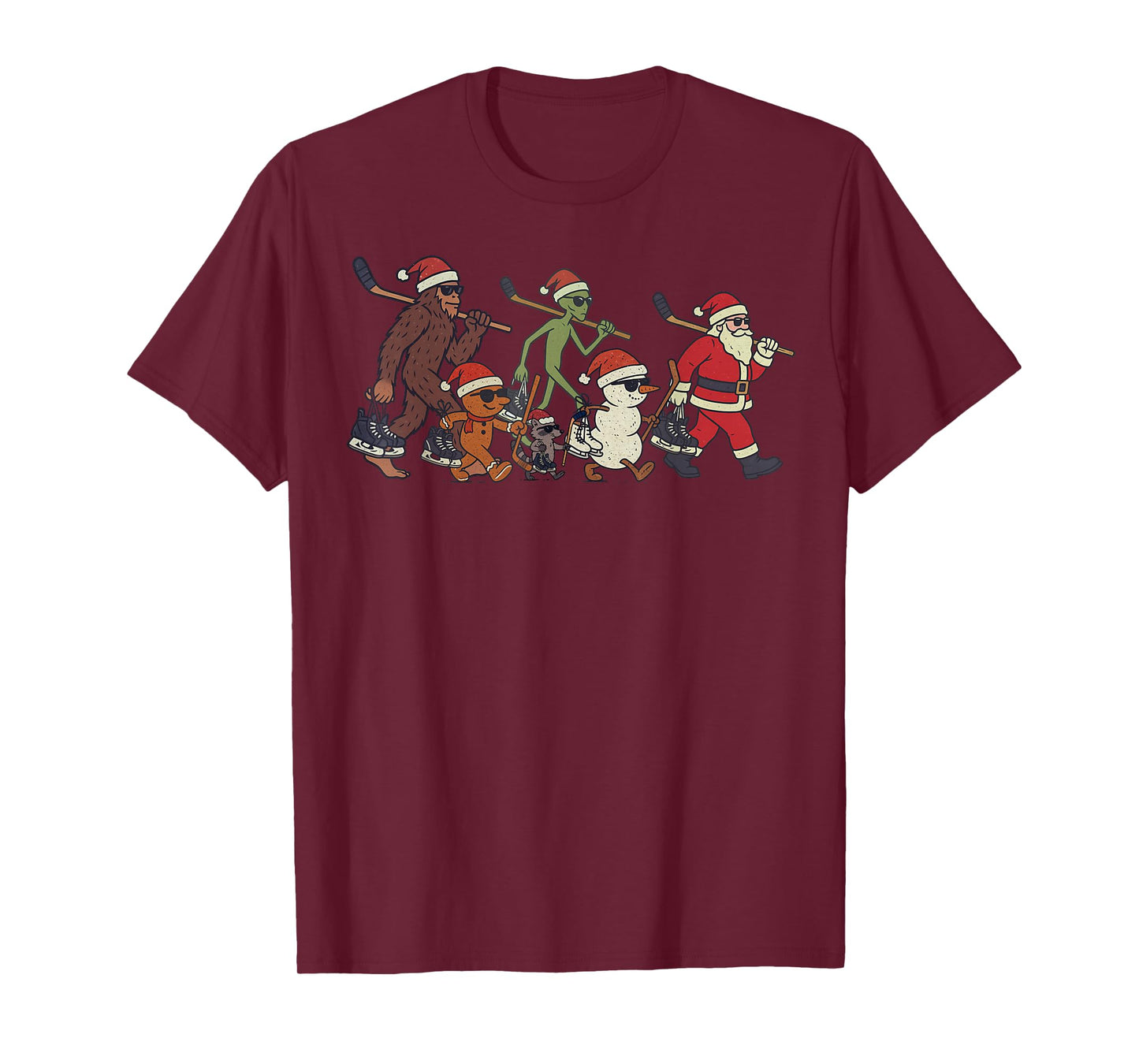 Santa Sasquatch Alien Ice Hockey Christmas Funny Xmas T-Shirt