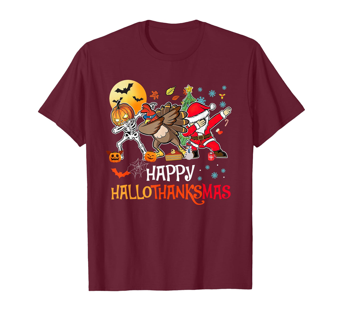 Happy Hallothanksmas Funny Dabbing Skeleton Turkey Santa T-Shirt