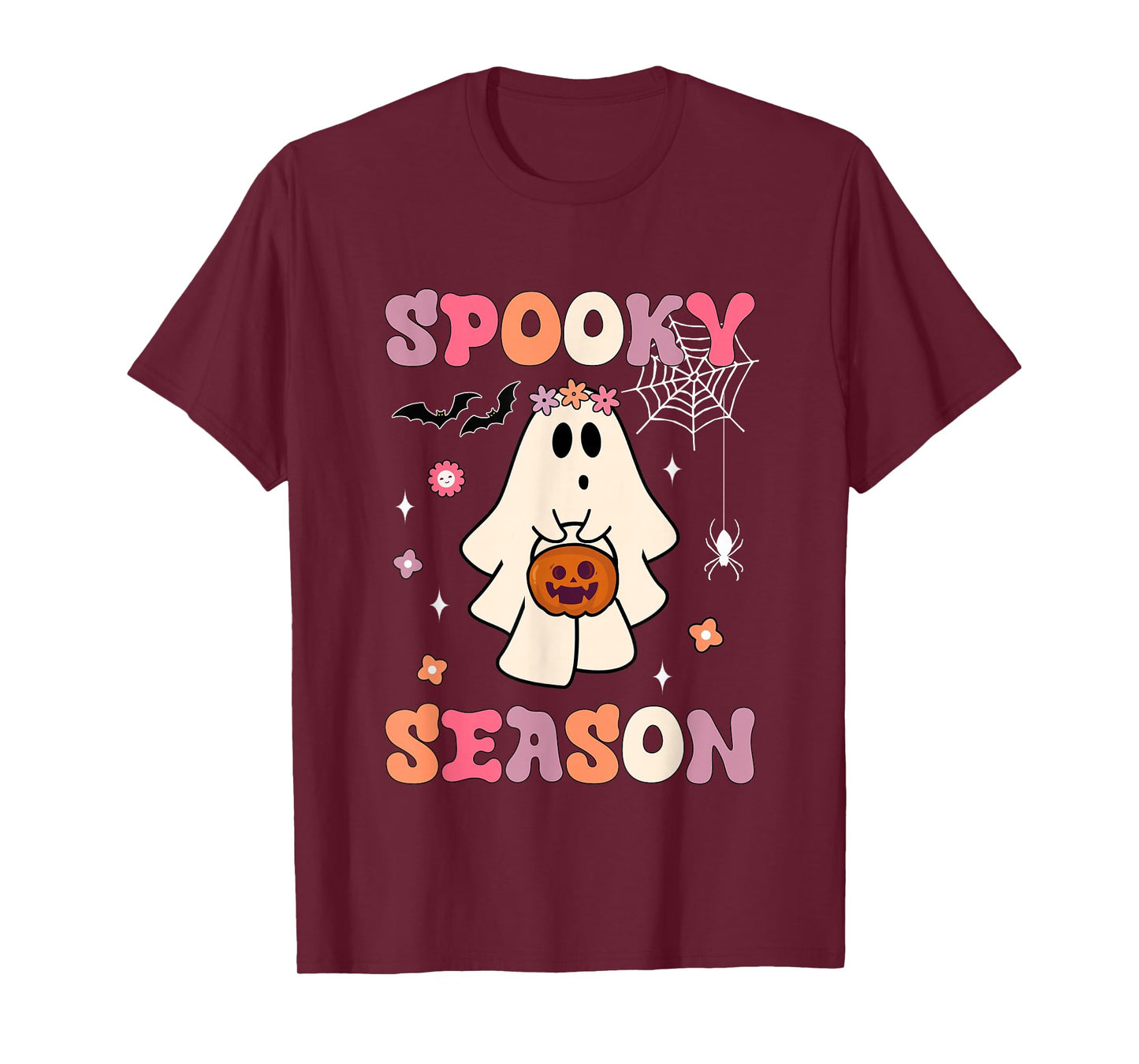 Funny Ghost Holding Pumpkin Halloween Groovy Spooky Season T-Shirt