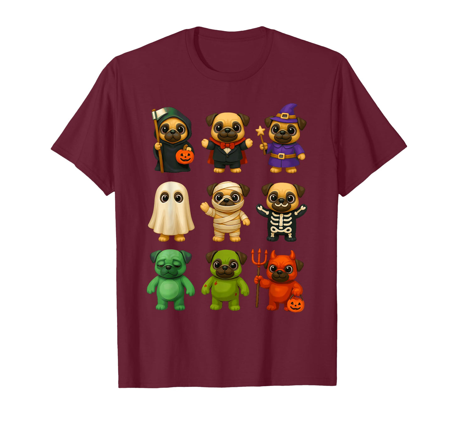 Cute Pug Dogs Witch Pumpkin Skeleton Costume Happy Halloween T-Shirt
