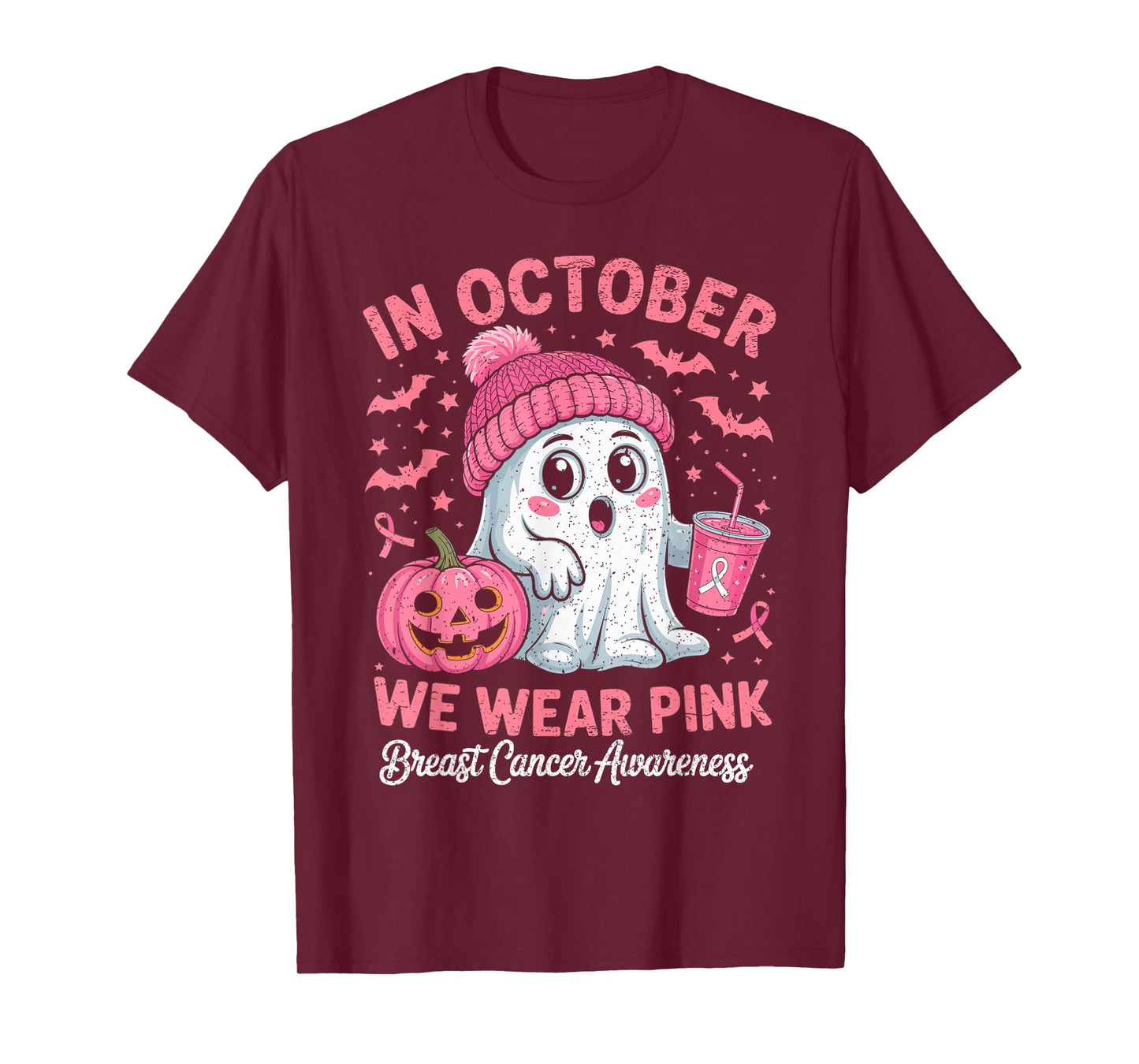 in October We Wear Pink Ghost Tea Breast Cancer Awareness T-Shirt
