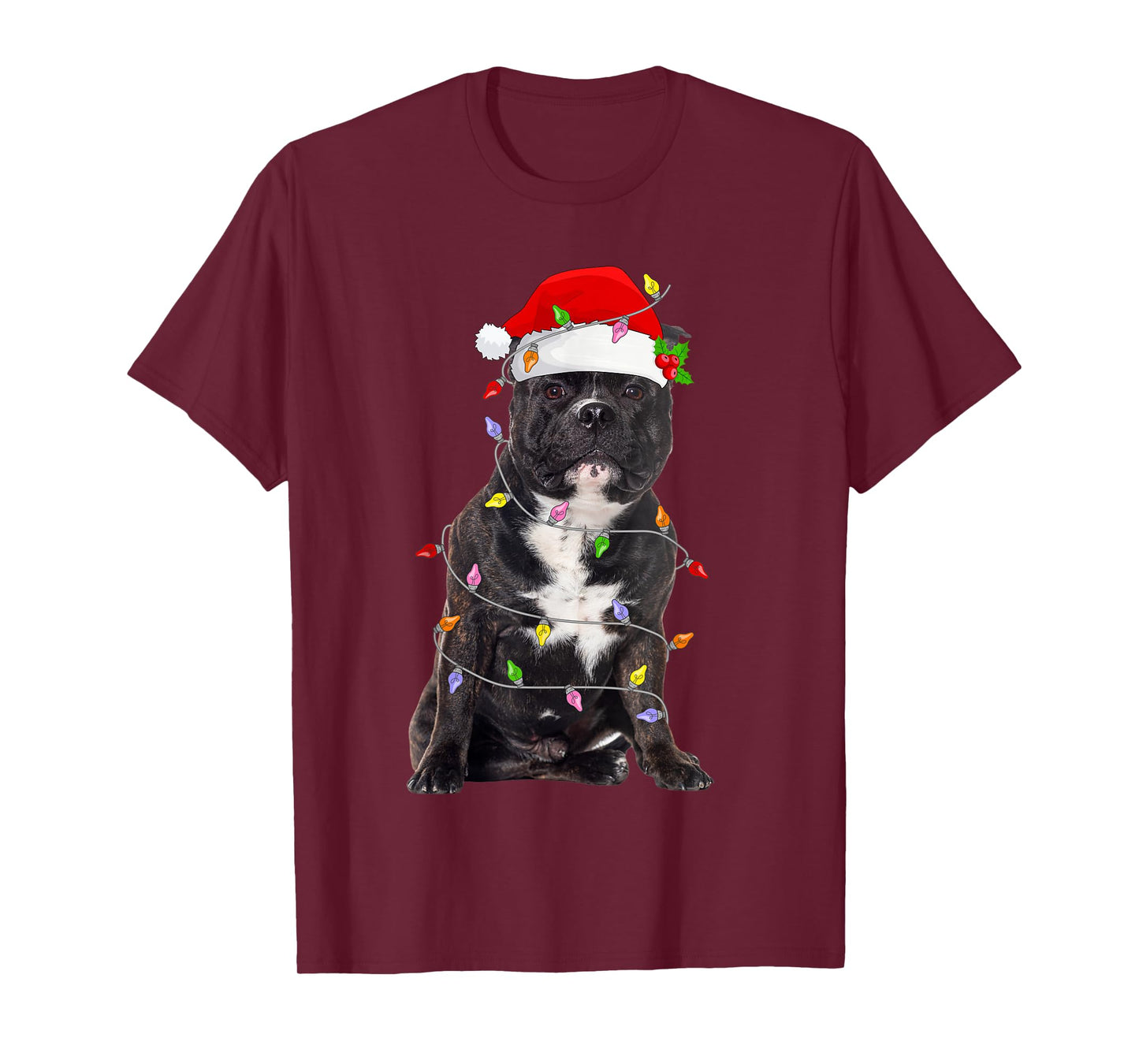 Pitbull Dog Christmas Santa Hat Lights Funny Pet Dog Xmas T-Shirt
