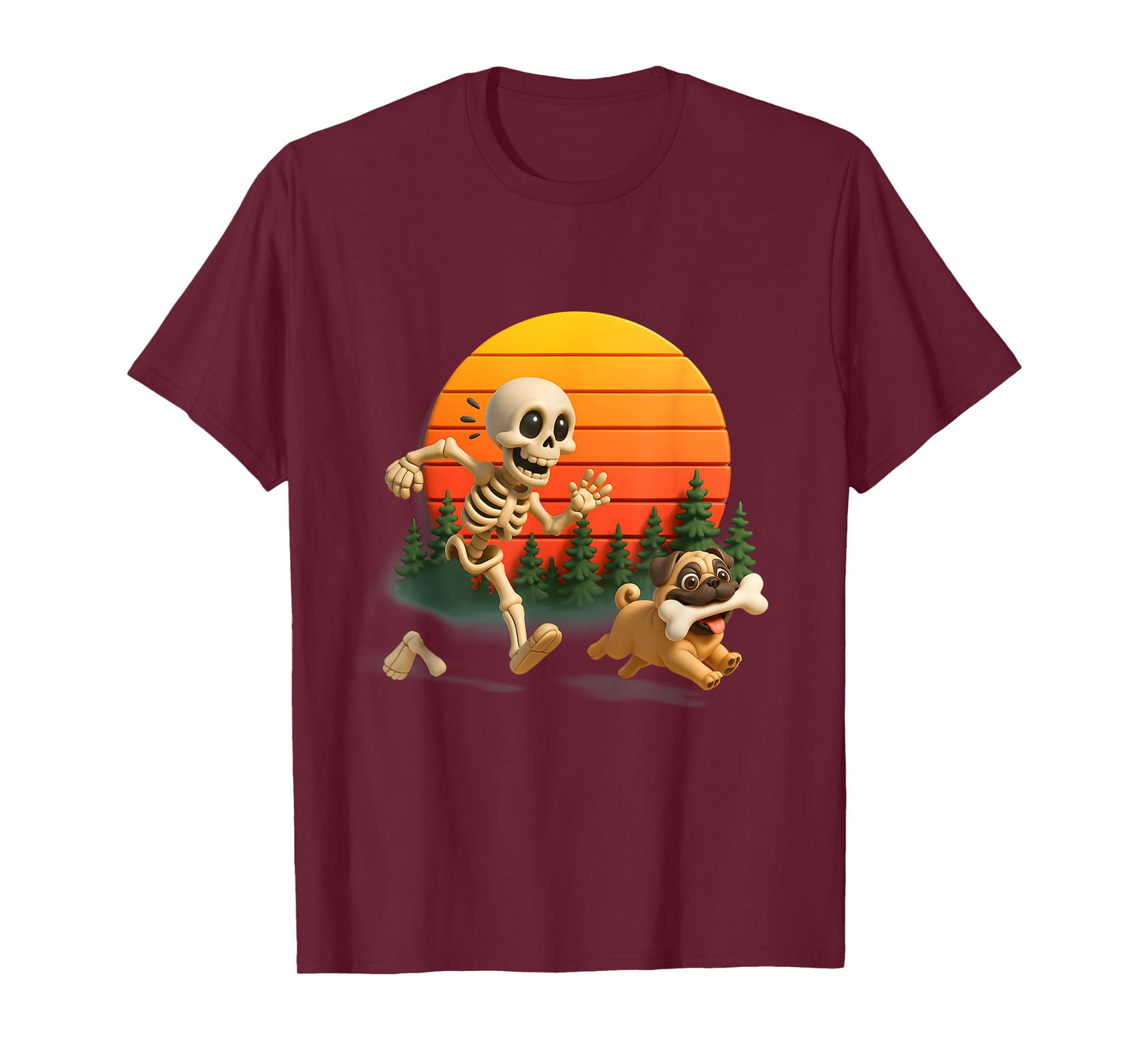 Funny Pug Dogs Ste ALS Bone from Skeleton Halloween Sunset T-Shirt