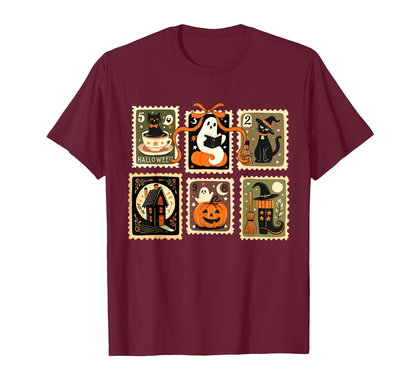 Halloween Stamp Spooky Ghost Cat Pumpkin Bow Vintage T-Shirt