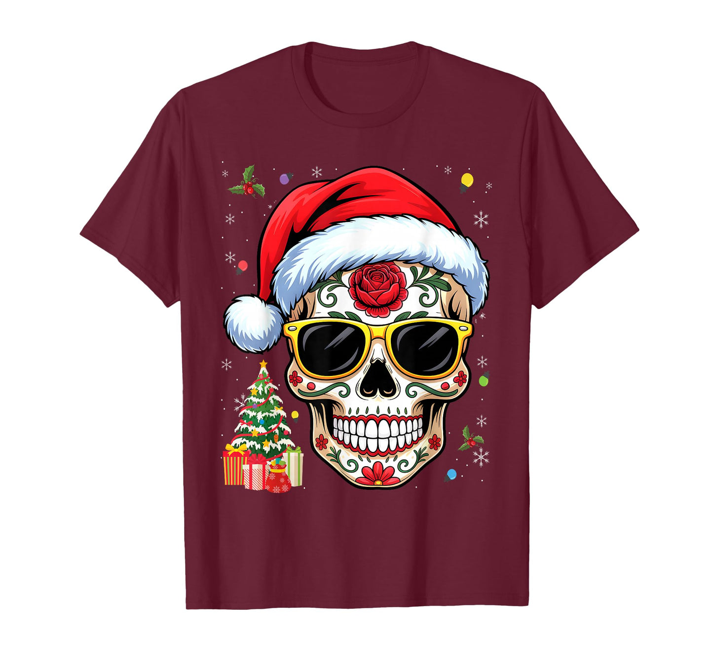 Christmas Hat Santa Day of The Dead Sugar Skull Party T-Shirt