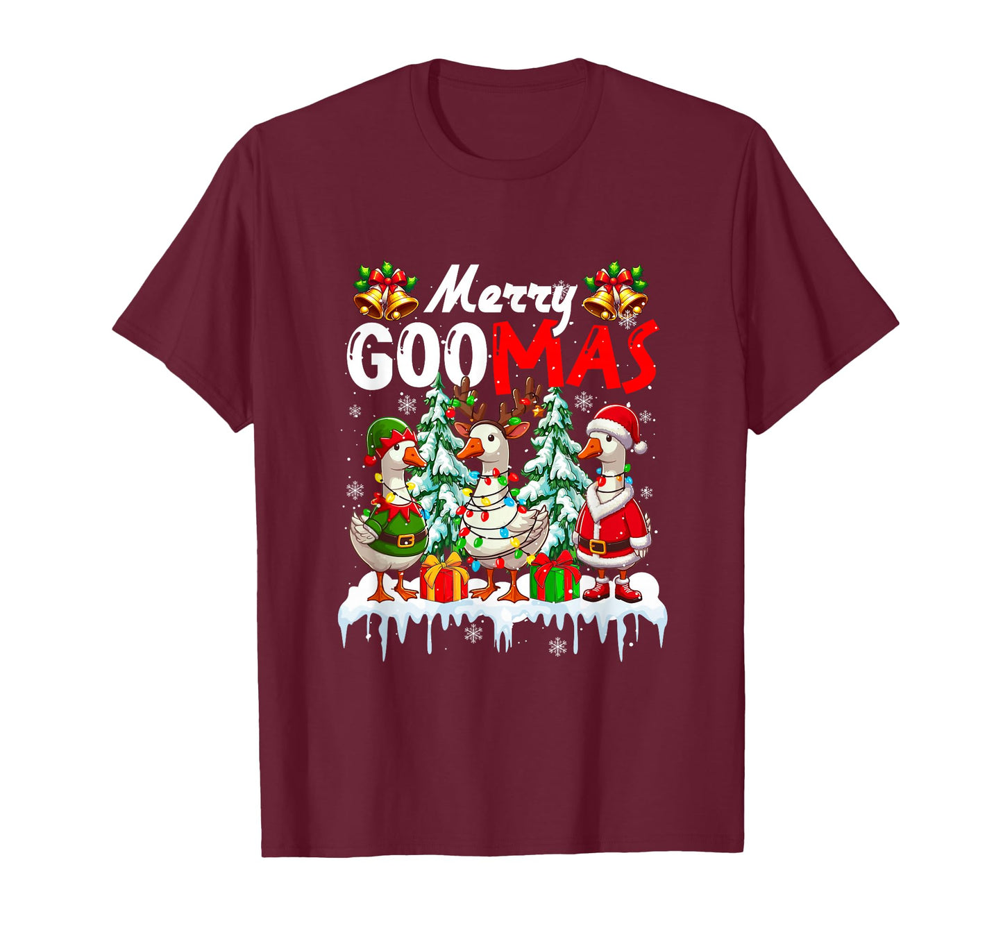 Merry Christmas Snow Three Santa Reindeer Elf Gooses Farmer T-Shirt