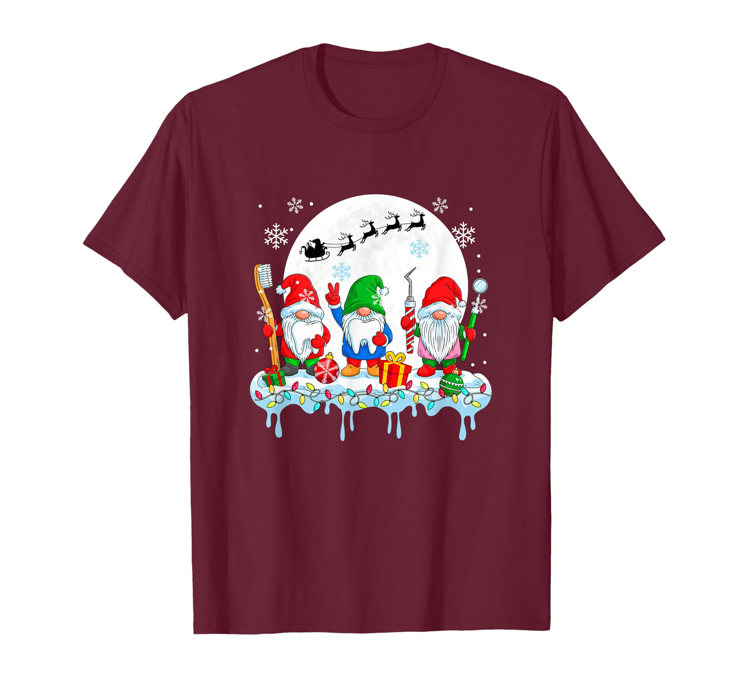 Three Colorful Gnomes with Dentist Tools Christmas Job Team T-Shirt