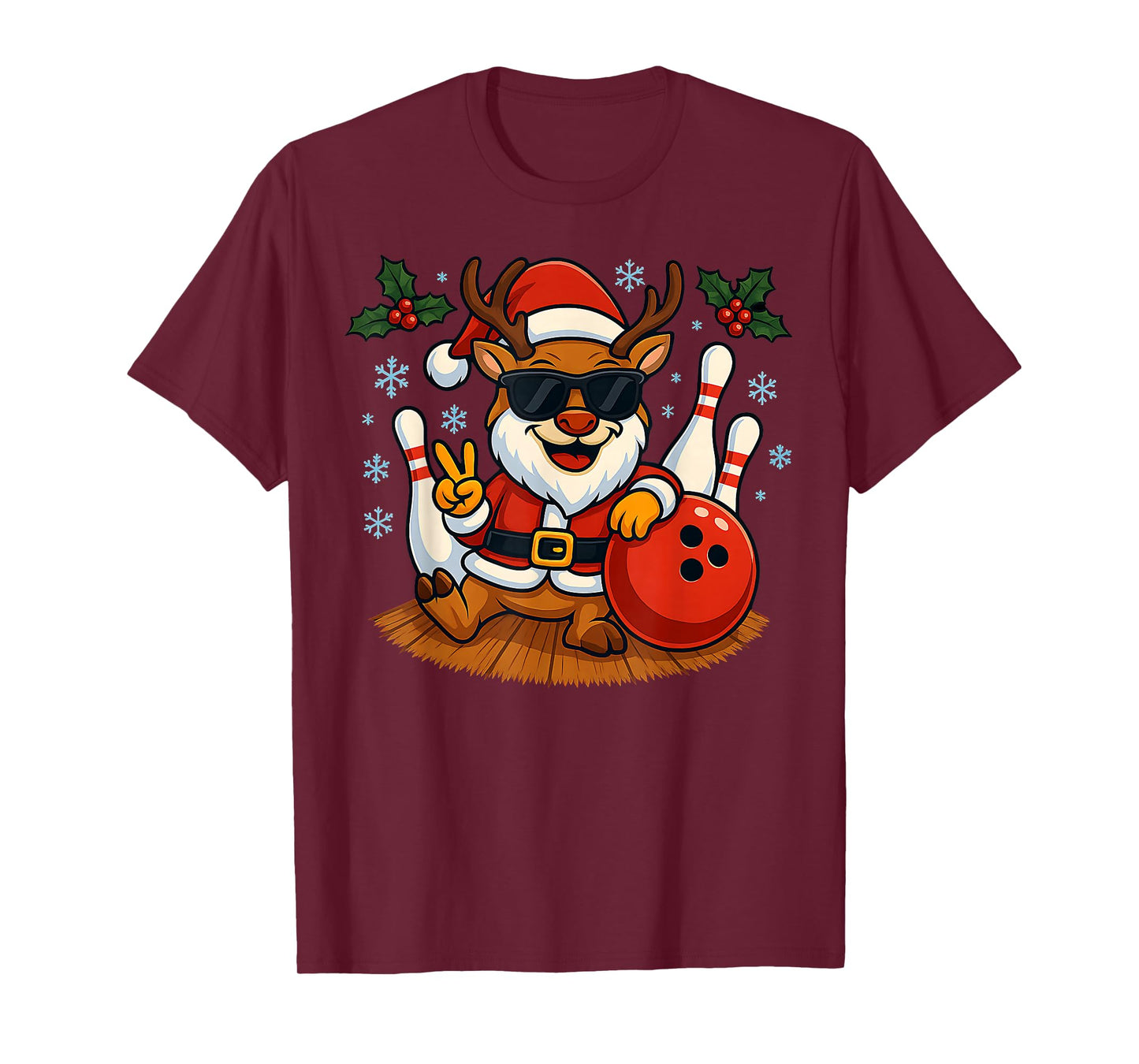 Cute Santa Reindeer Bowling Christmas Funny Holiday Vibes T-Shirt