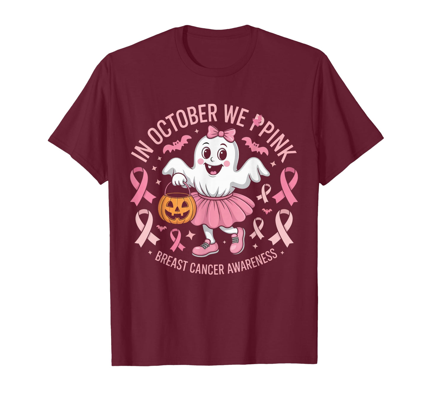 in October We Wear Pink Ghost Witch Breast Cancer Awareness T-Shirt