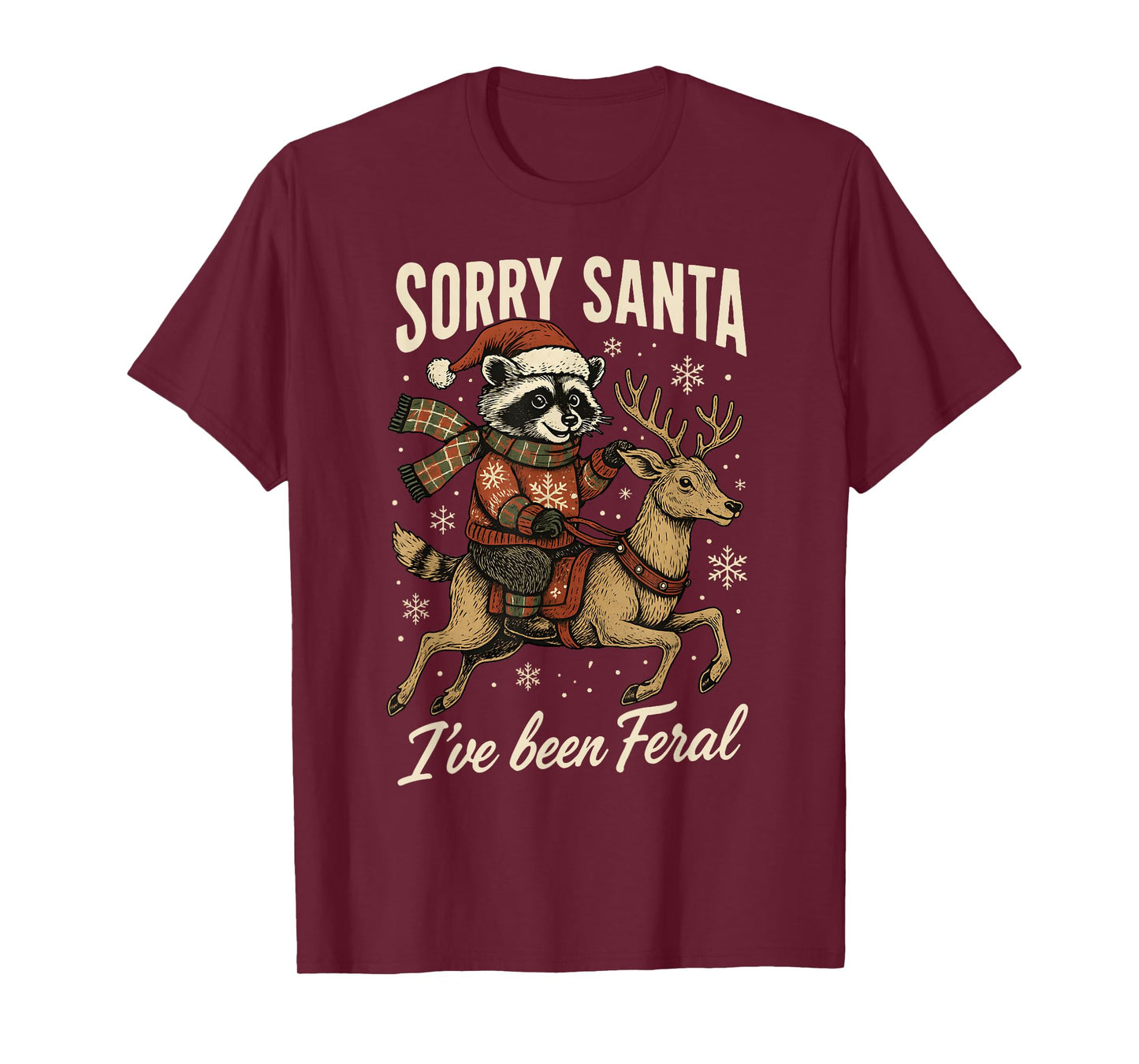 Raccoon Christmas Sorry Santa I've Been Feral Cute Santa Hat T-Shirt