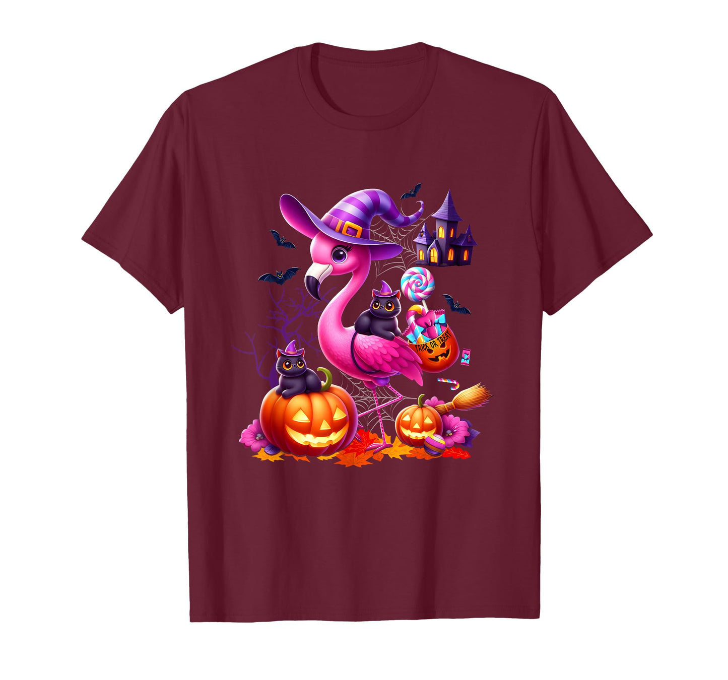 Black Cat Halloween Costume Trick Or Treat Witch Flamingo T-Shirt
