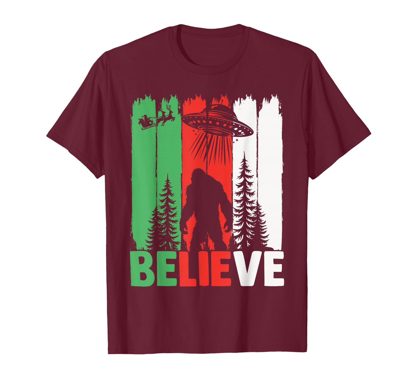 Bigfoot Believe UFO Aliens Santa Claus Reindeer Christmas T-Shirt