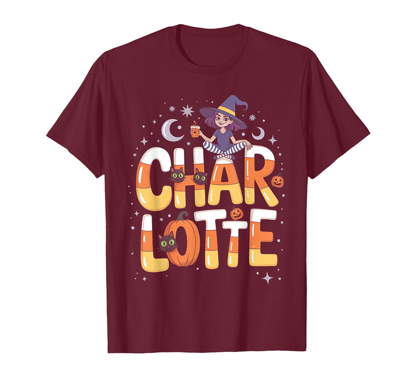 Charlotte Witch Candy Corn Cat Halloween Women and Girls T-Shirt