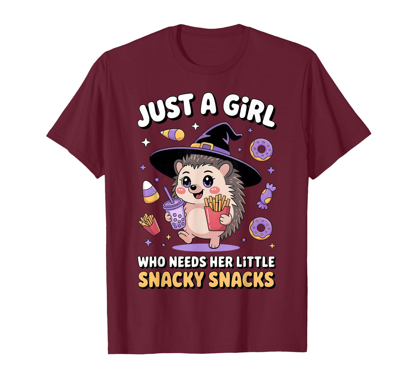 Just a Girl Snacky Snacks Shirt Halloween Hedgehog Witch Hat T-Shirt