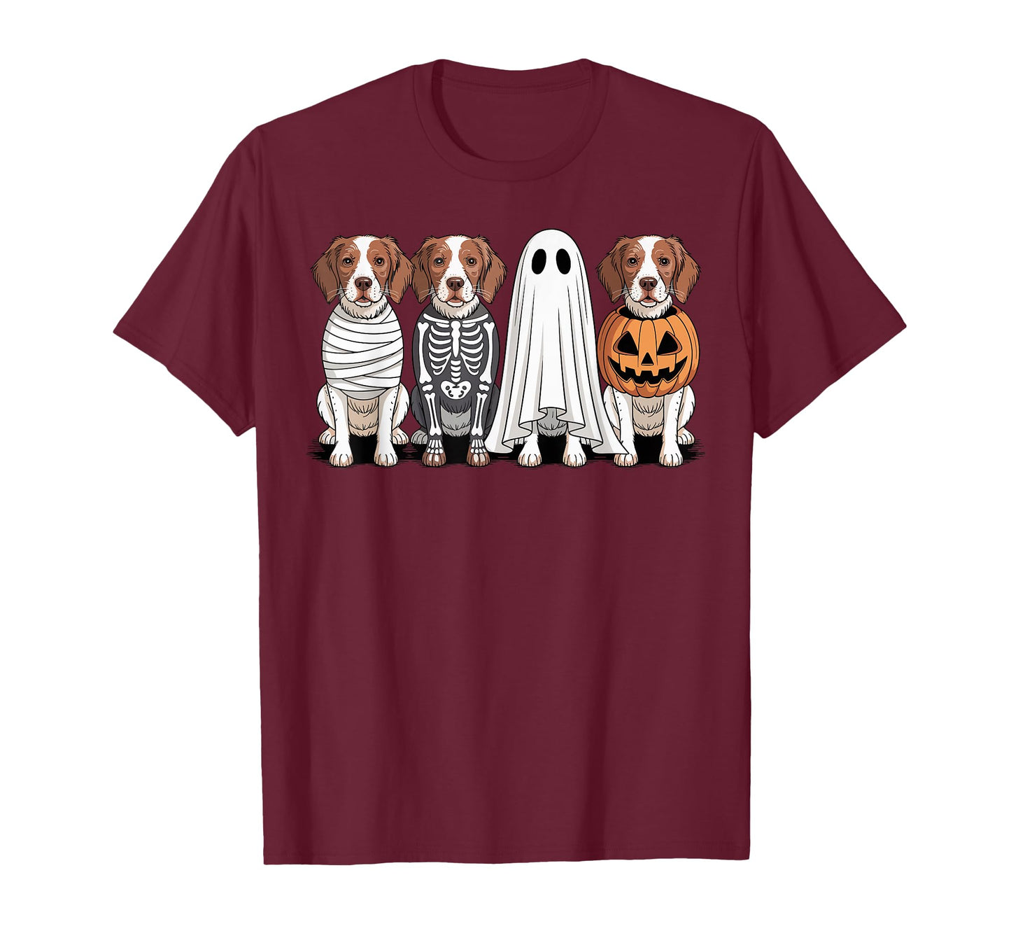 Spooky Ghost Brittany Spaniel Pumpkin Halloween Dog Skeleton T-Shirt