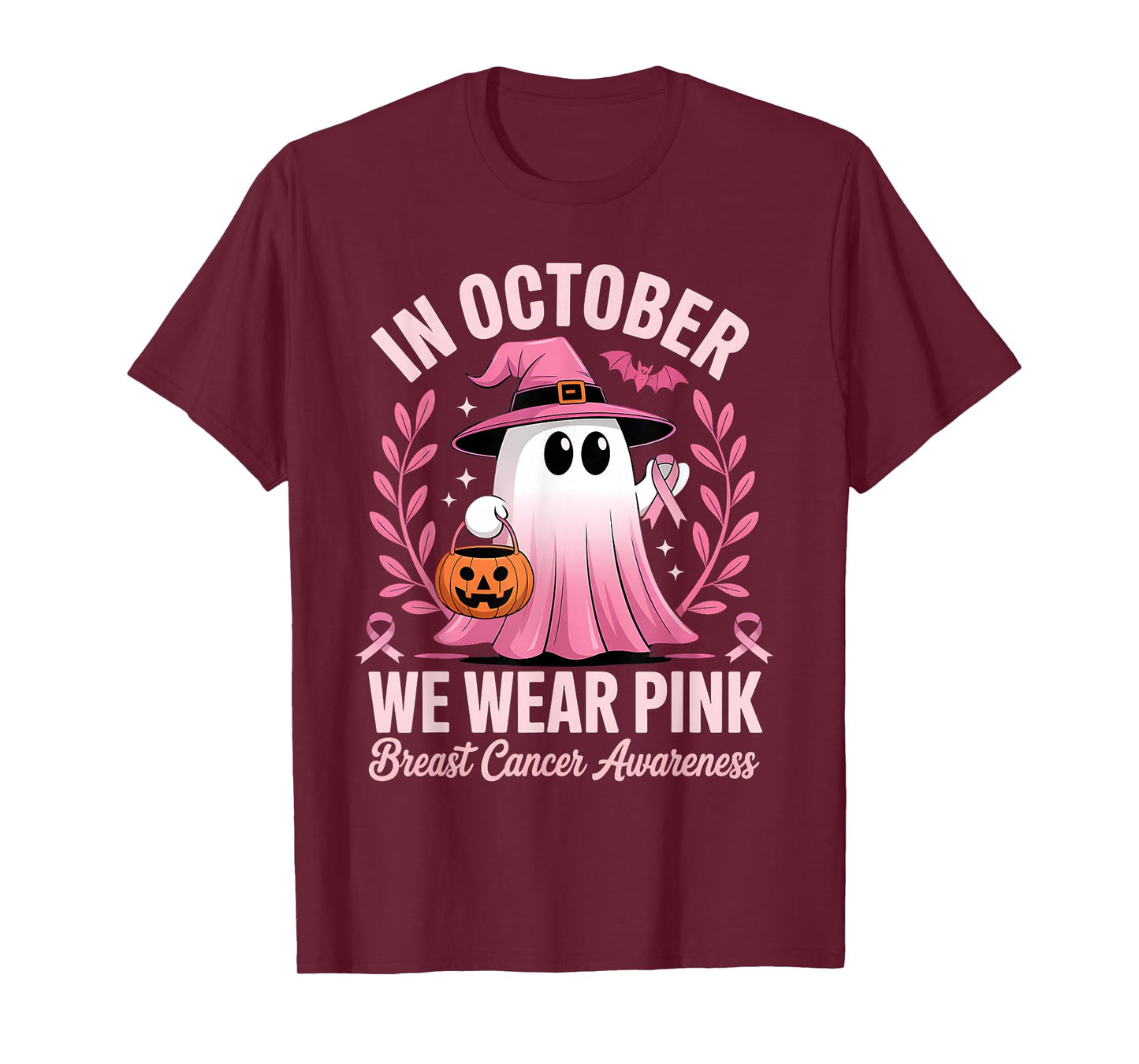 in October We Wear Pink Women Ghost Breast Cancer Awareness T-Shirt