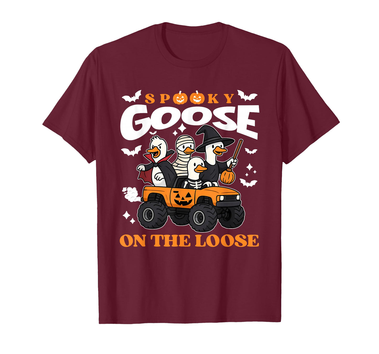 Spooky Goose On The Loose Funny Witch Skeleton Monster Truck T-Shirt