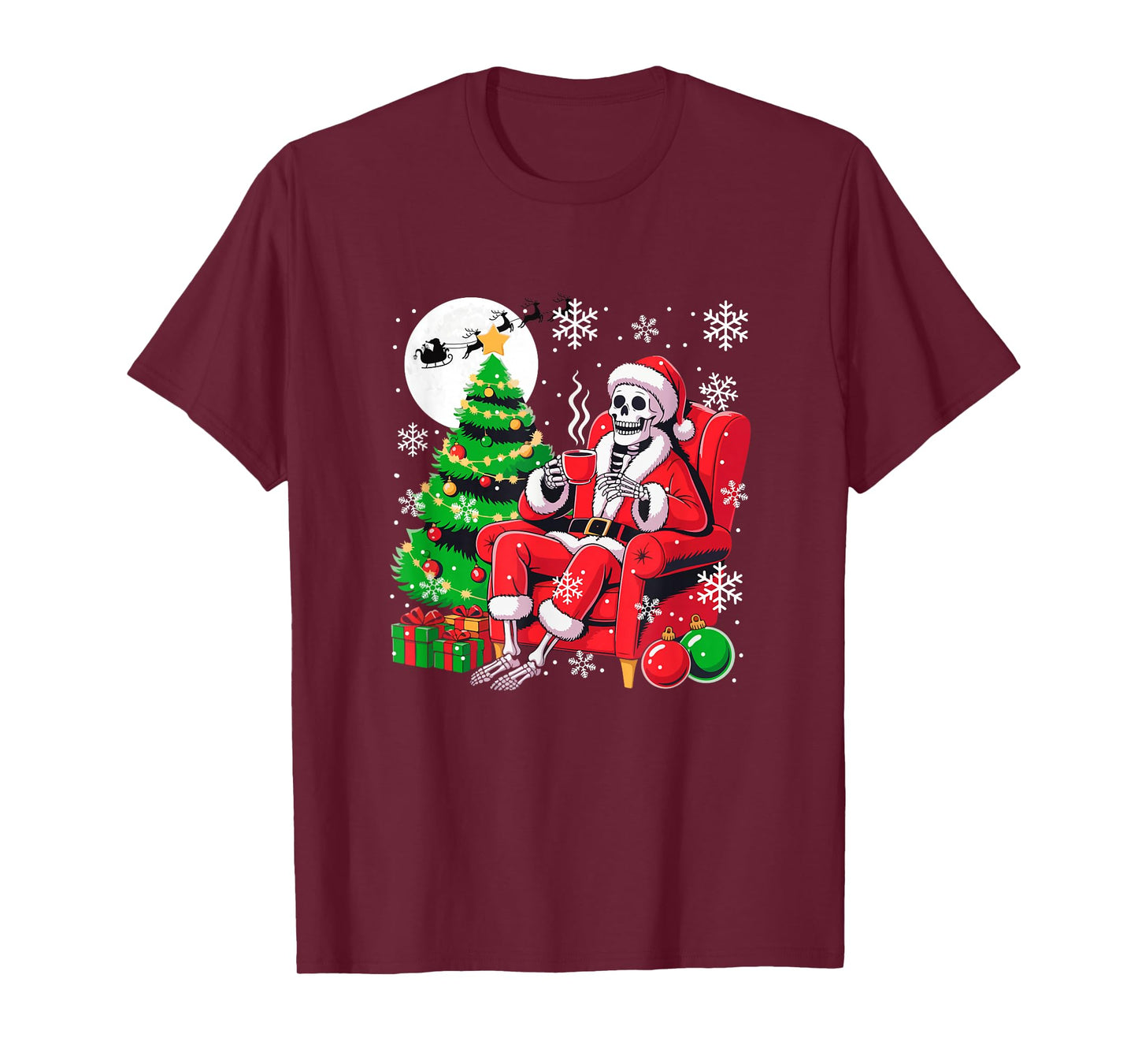 Santa Skeleton Drinking Coffee Xmas Tree Colorful Lights T-Shirt