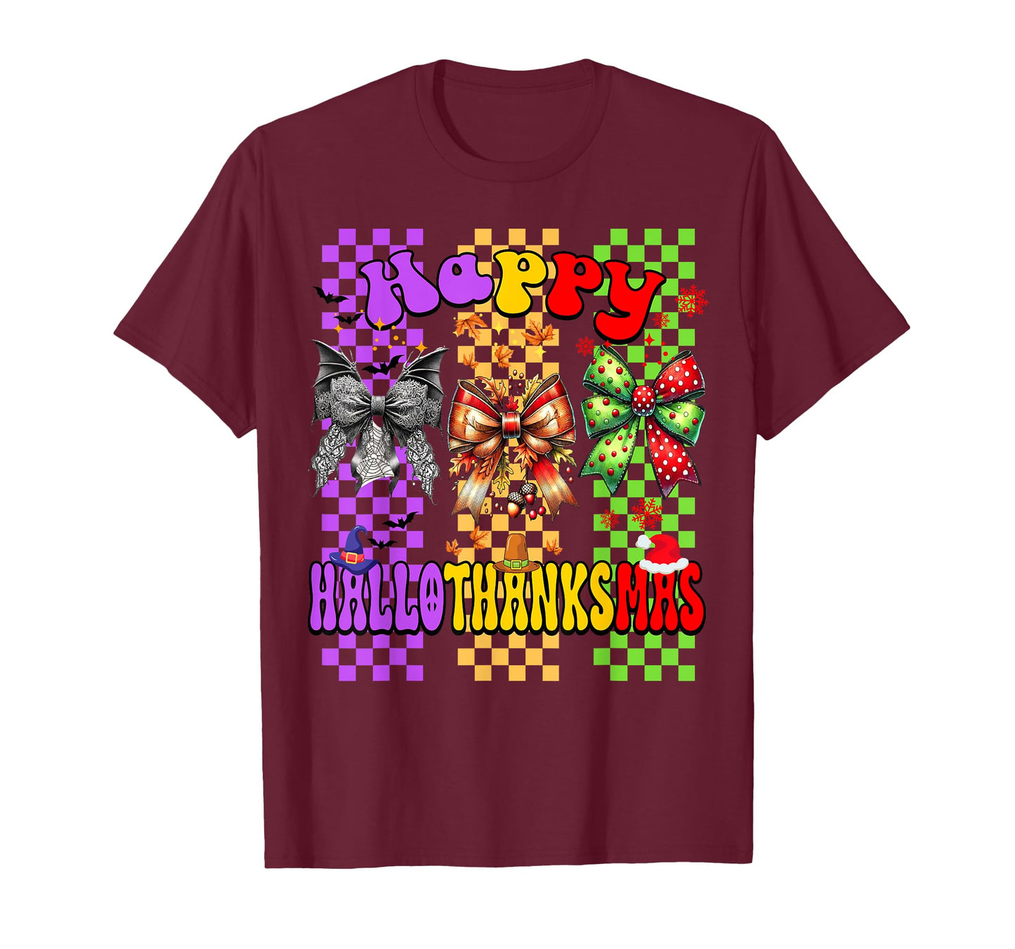 Hallothanksmas Coquette Bow Halloween Thanksgiving Christmas T-Shirt