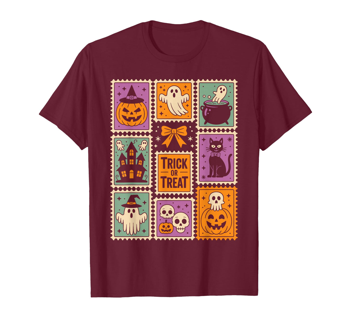 Halloween Stamps Spooky Pumpkin Ghost Cat Witch Skeleton T-Shirt