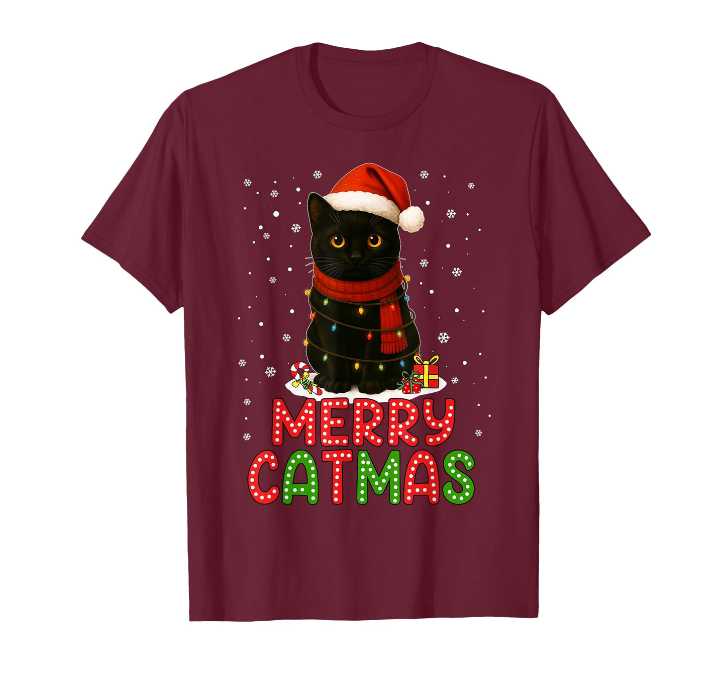 Merry Catmas Santa Hat Funny Black Cat Christmas Women Kids T-Shirt