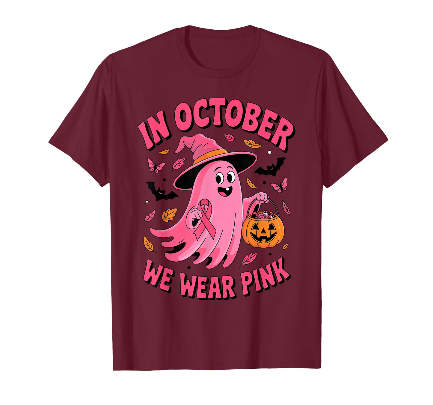 in October We Wear Pink Breast Cancer Ghost Witch Pumpkin T-Shirt
