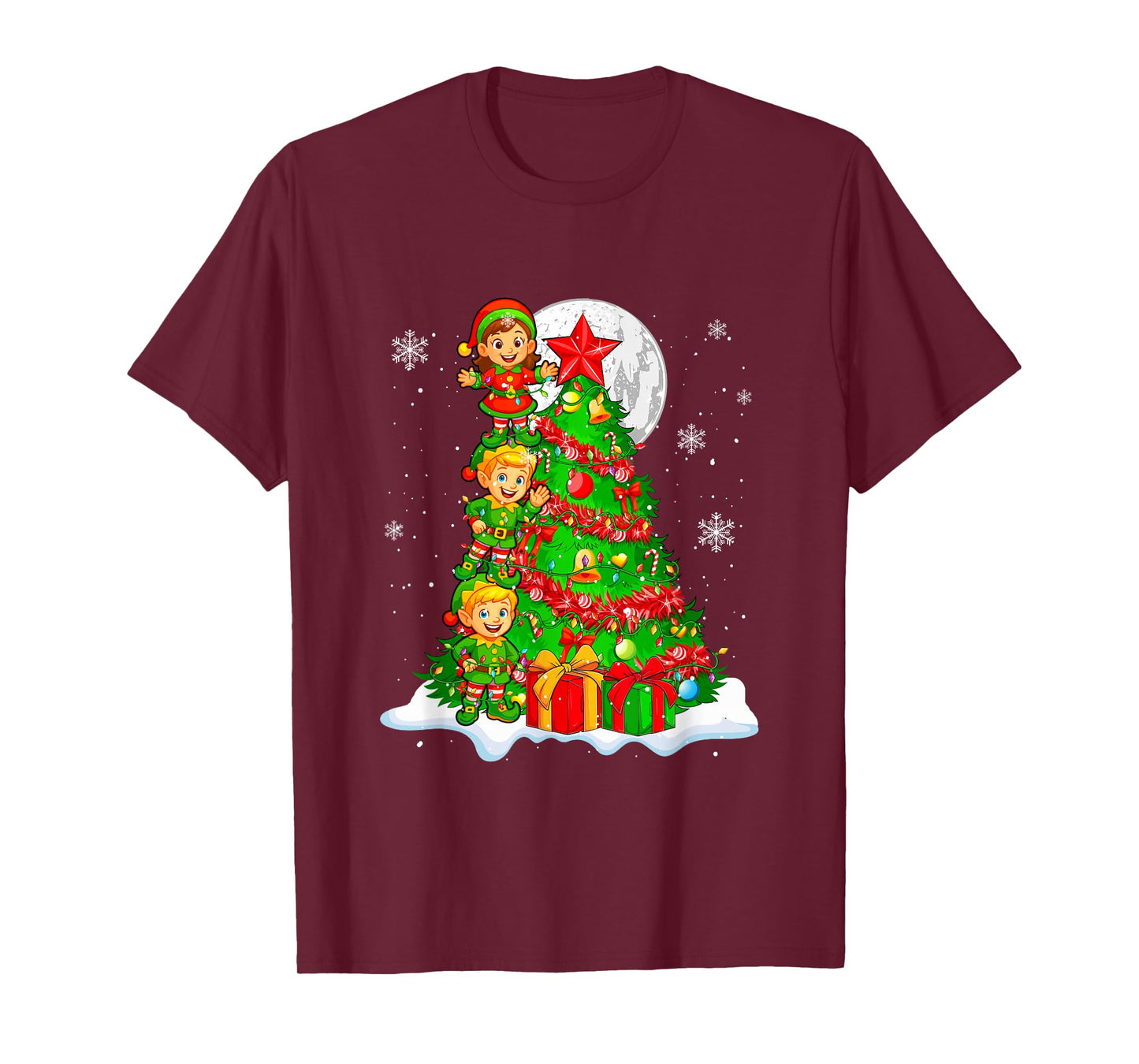 Three Cute Elf Decorating Christmas Tree Colorful Lights T-Shirt