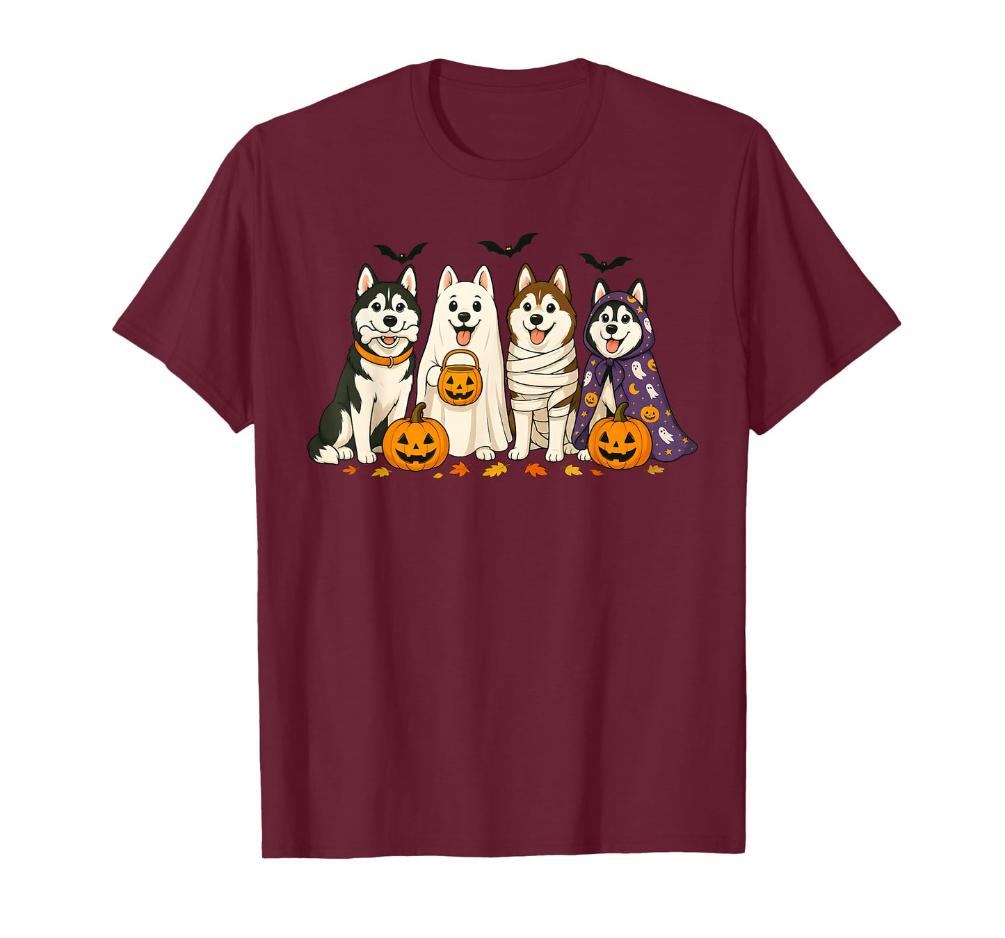 Siberian Husky Dogs Ghost Witch Mummy Halloween Pumpkins T-Shirt