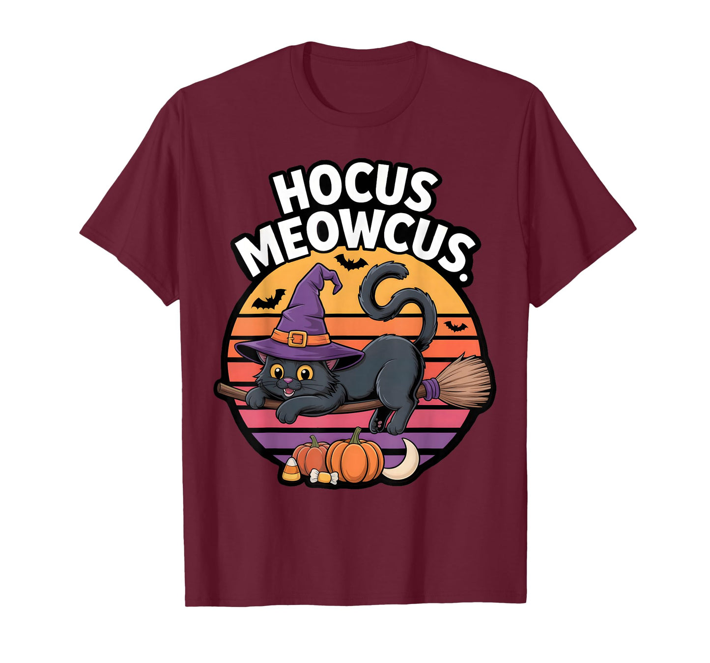Hocus Meowcus Black Cat Witch Hat Broom Pumpkin Halloween T-Shirt