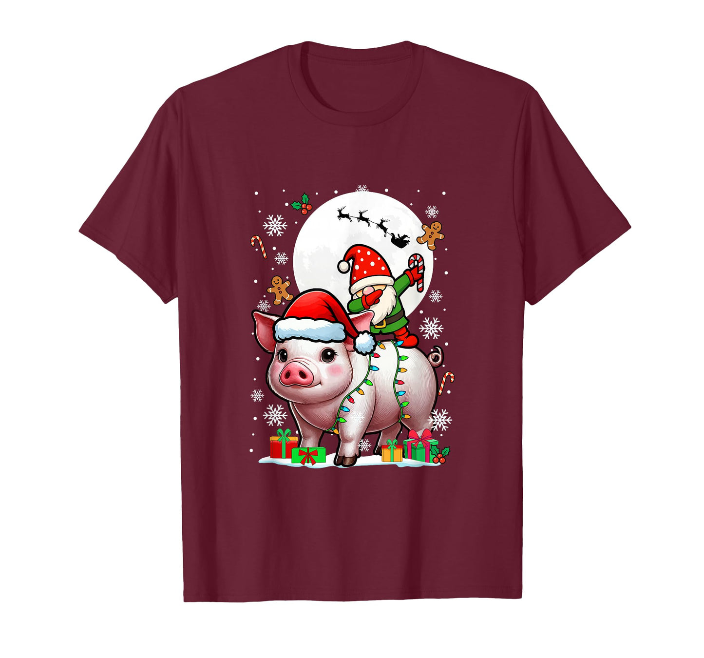 Dabbing Gnome On Pig Christmas Santa Colorful Lights T-Shirt