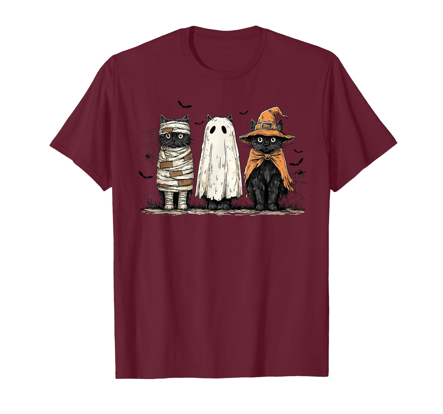 Retro Ghost Black Cat Witch Scary Halloween Pumpkin T-Shirt