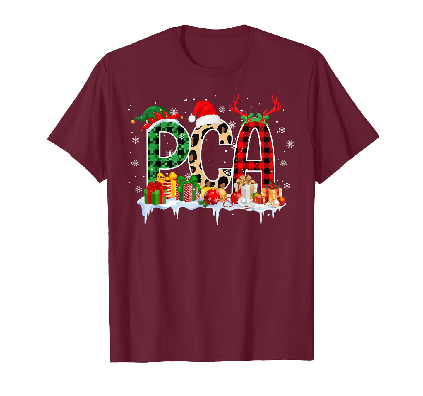 Leopard Red Plaid PCA Nursing Santa Hat Reindeer Christmas T-Shirt
