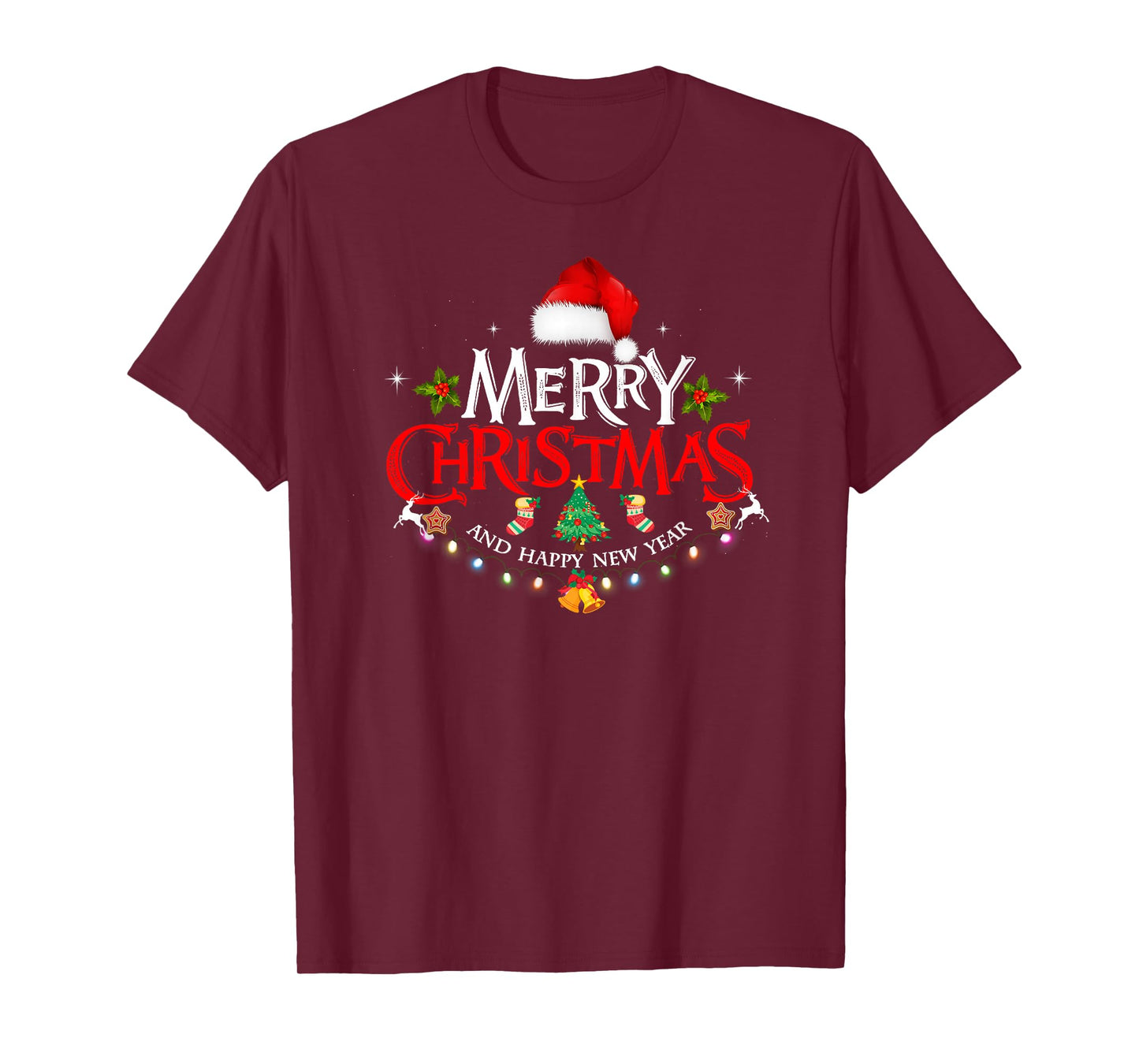 Merry Christmas Lights Red Santa Hat Xmas and Happy New Year T-Shirt