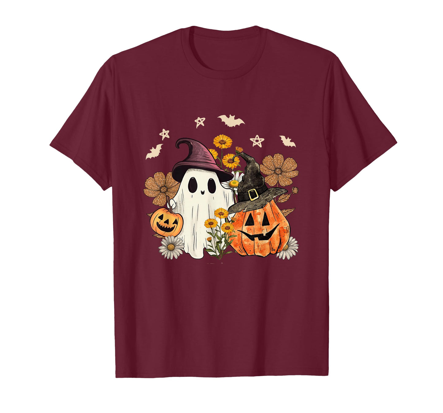 Ghost Witch Pumpkin Flowers Halloween Costumes T-Shirt