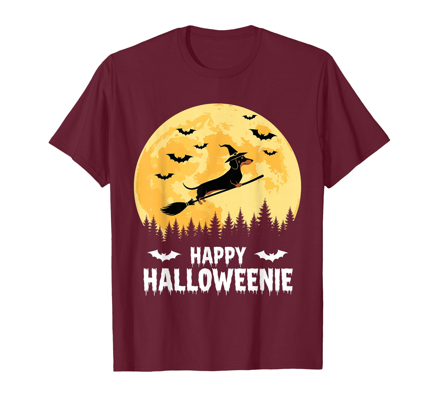 Happy Halloweenie Funny Halloween Dachshund Flying Witch T-Shirt