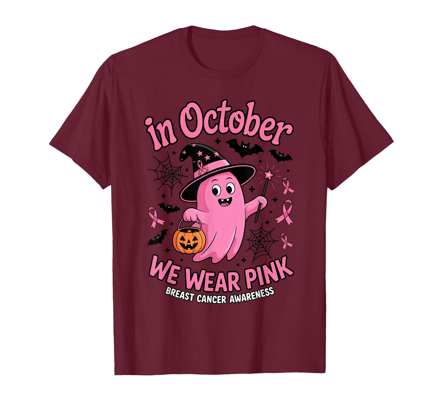 Ghost Witch in October We Wear Pink Halloween Breast Cancer T-Shirt
