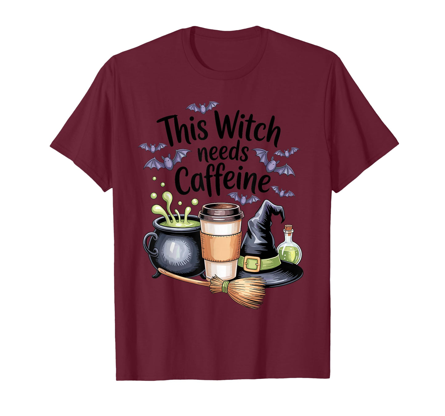 Halloween Witch Cauldron Broom and Matcha Coffee Cup T-Shirt