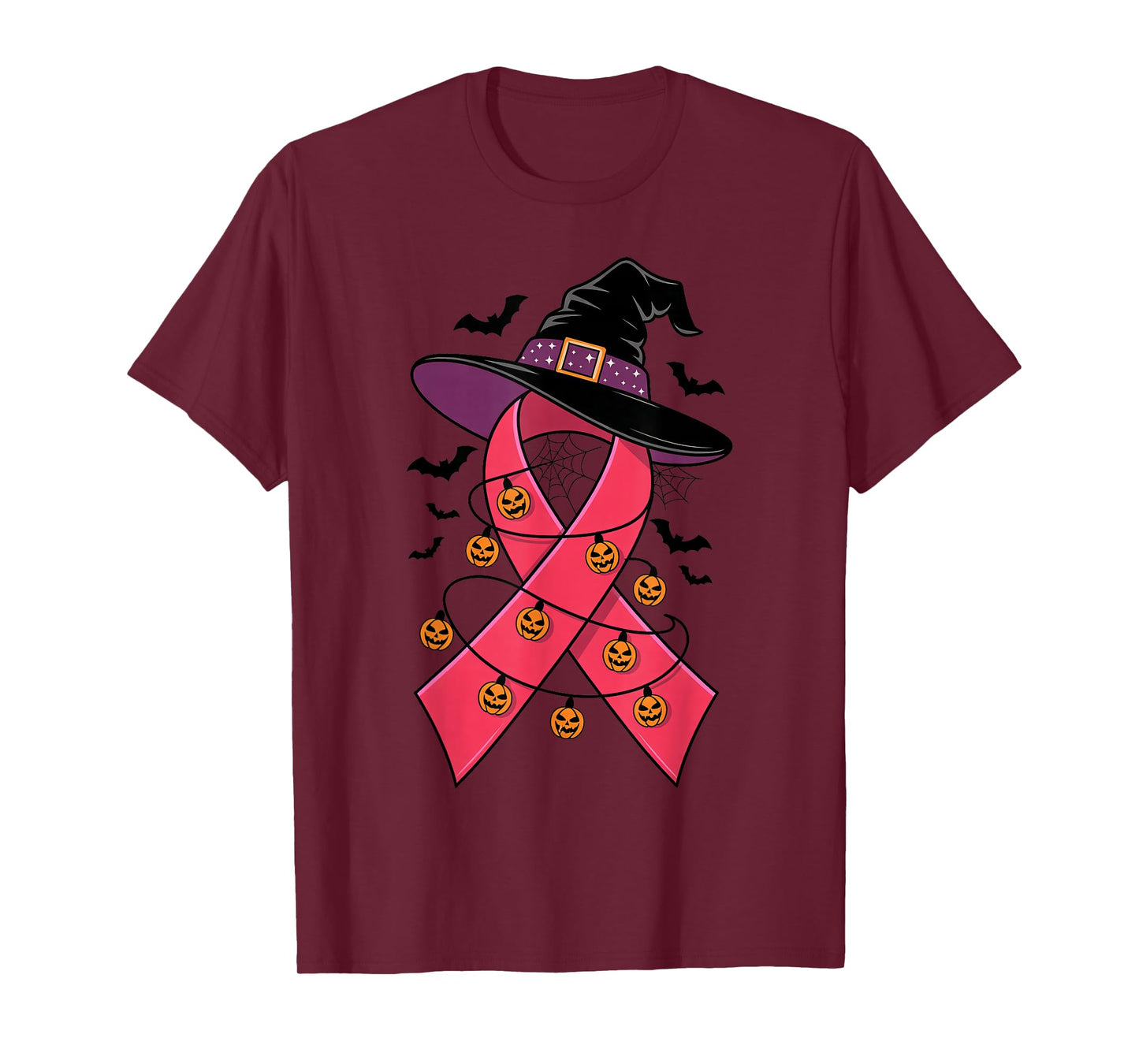 Pink Ribbon Witch Hat Halloween Breast Cancer Womens Girls T-Shirt