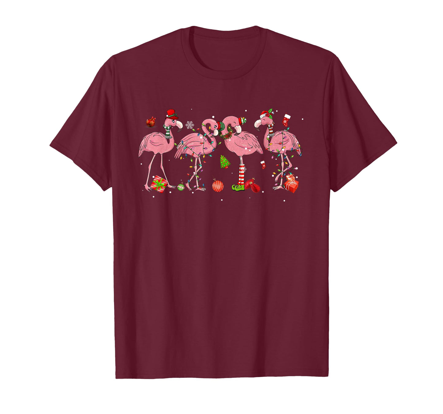 Pink Flamingo Hat Santa Merry Christmas Lights Womens Girls T-Shirt