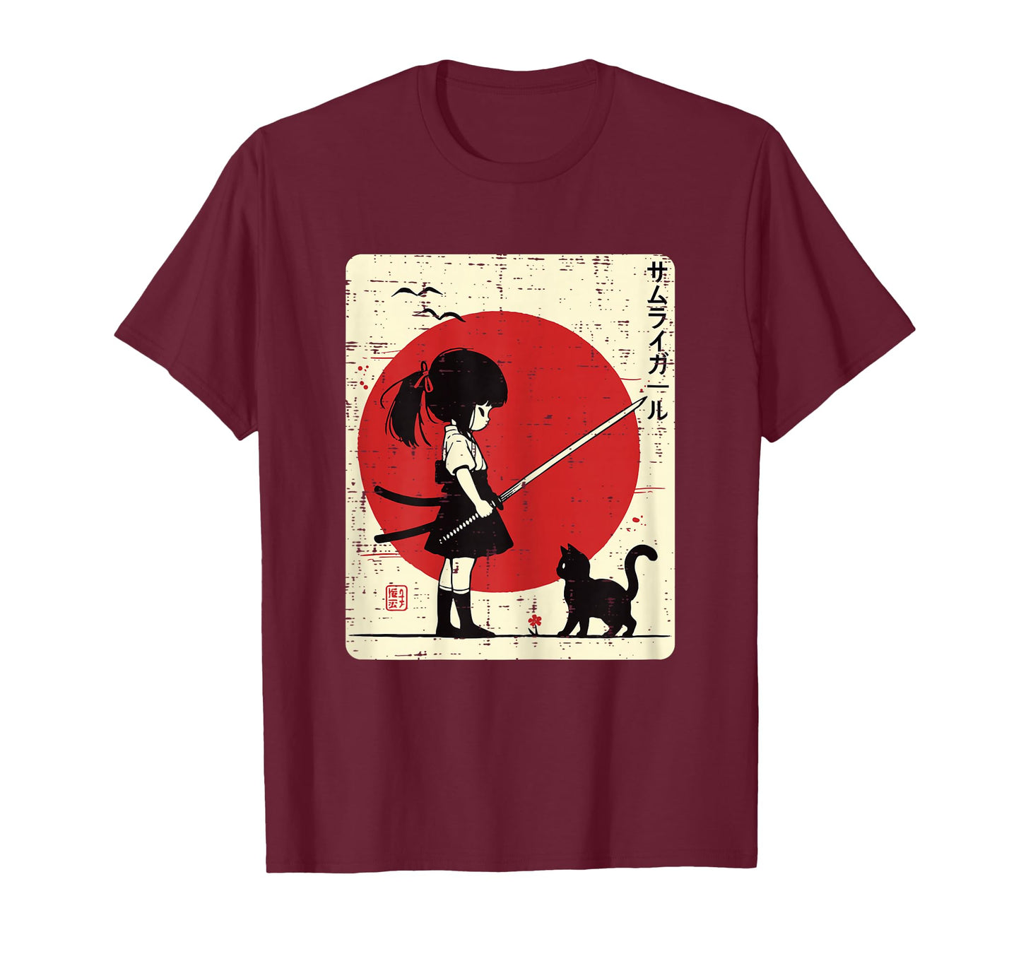 Japanese Samurai Girl Black Cat Kawaii Anime Girls Kid Women T-Shirt